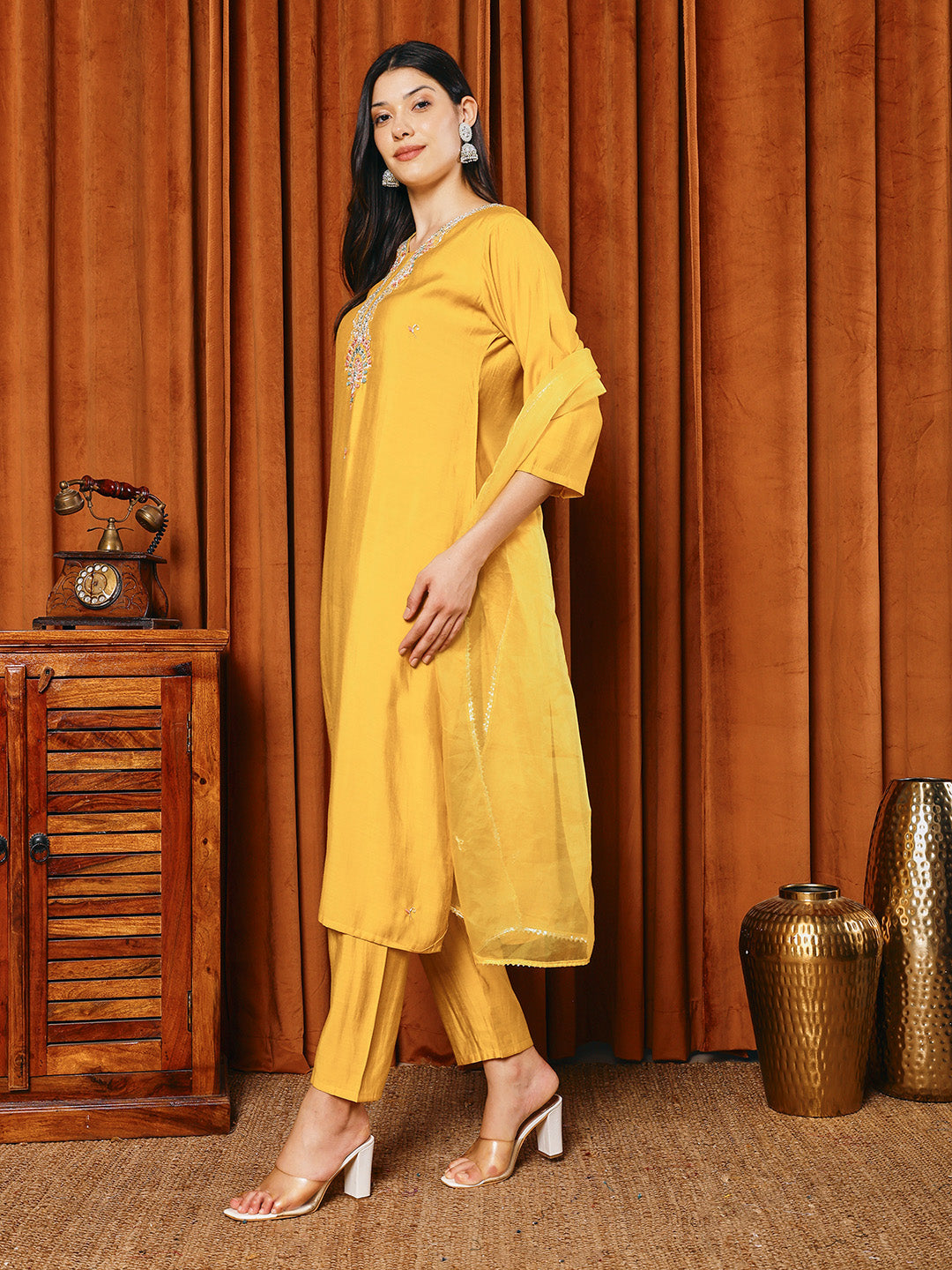 Resham Work Cotton Blend Kurta With Pants &amp; Dupatta