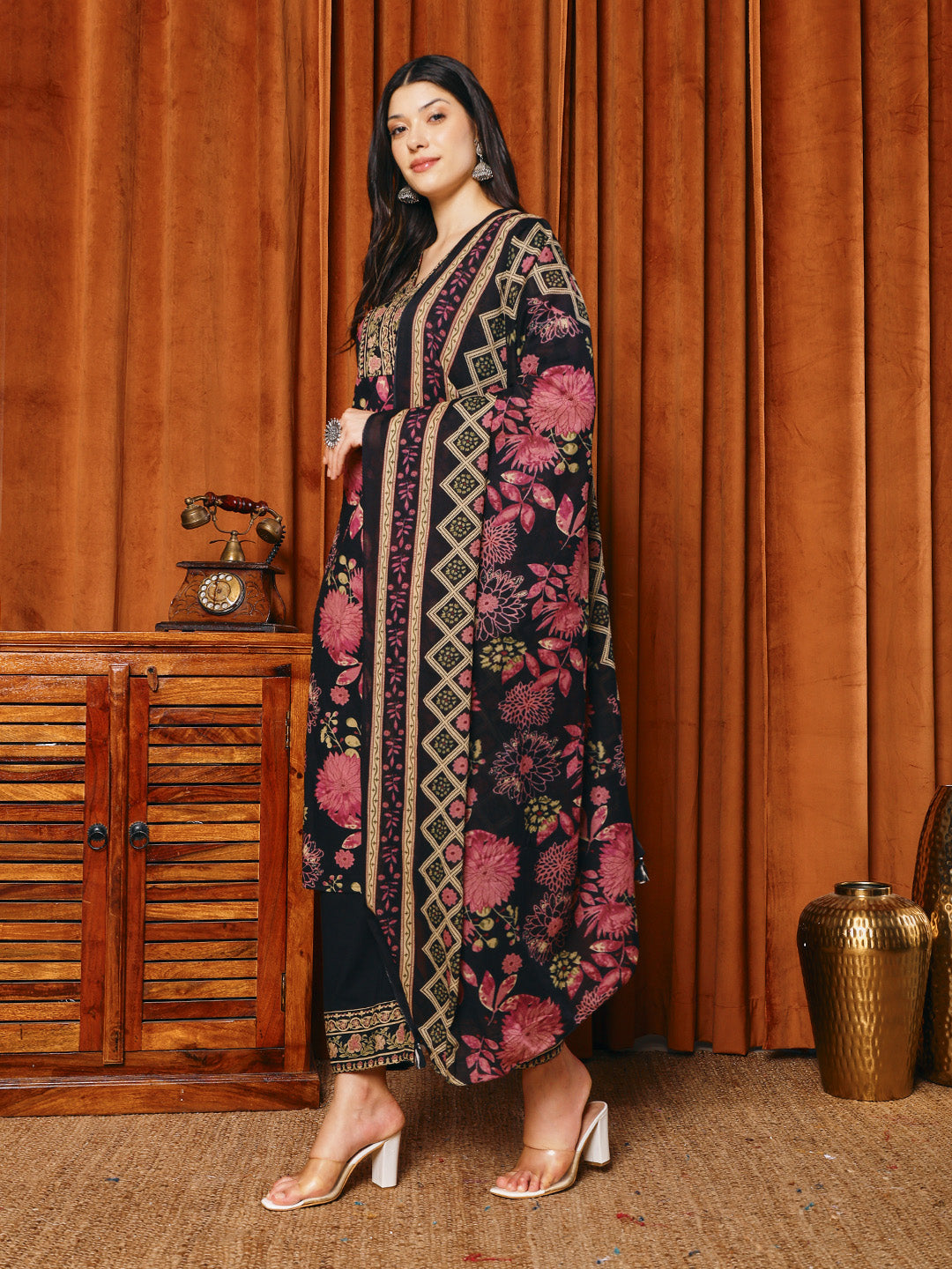 Printed Cotton Blend Kurta With Pants & Dupatta