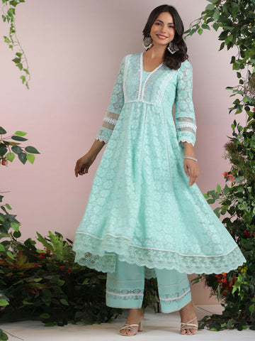 Cotton Blend Anarkali Embroidered Suit Set With Lace