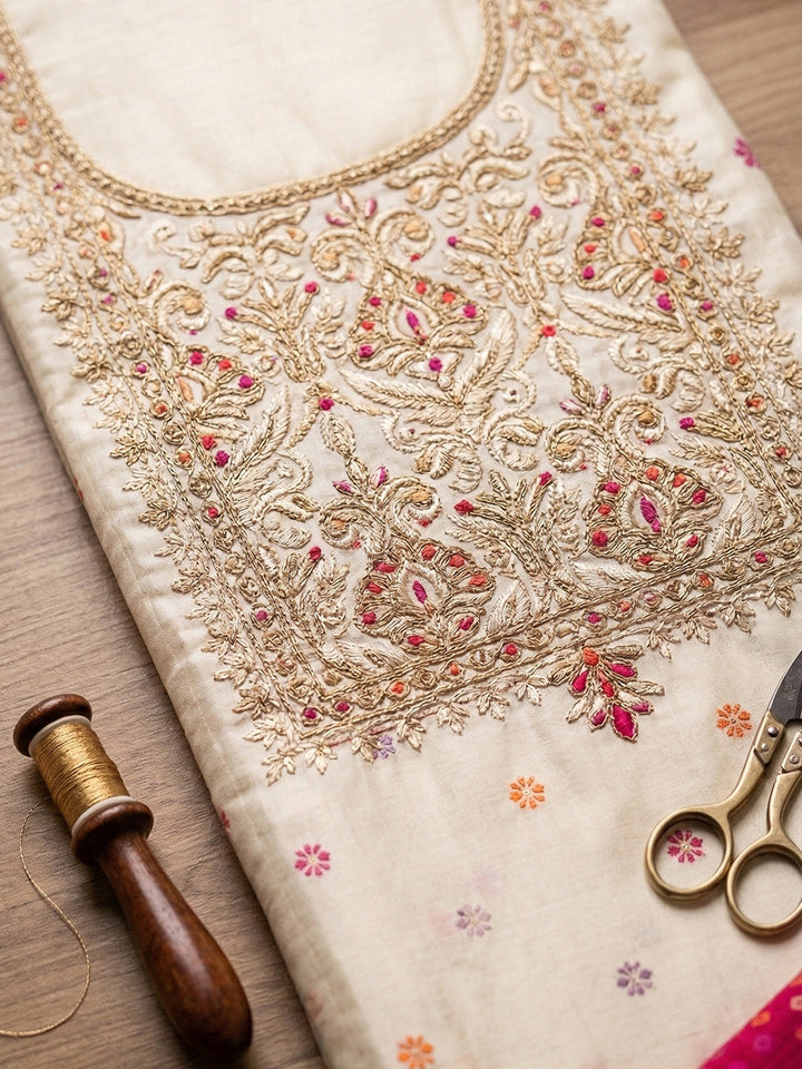Banarasi Chanderi Unstitched Suit With Pant &amp; Dupatta