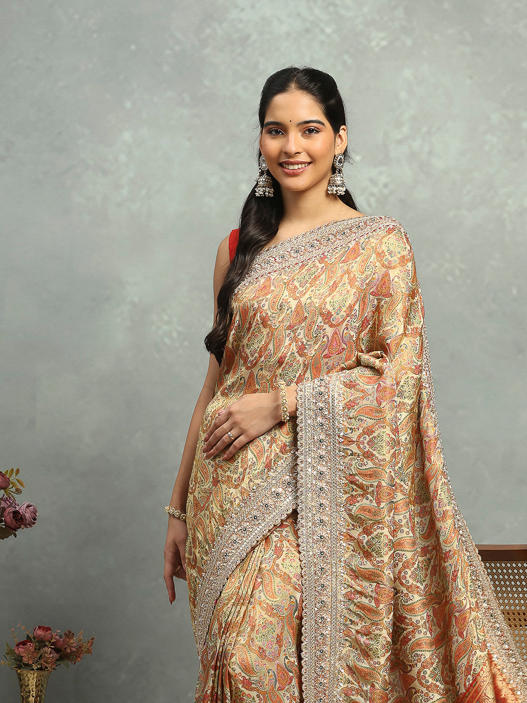 Printed &amp; Border Embroidered Crepe Saree