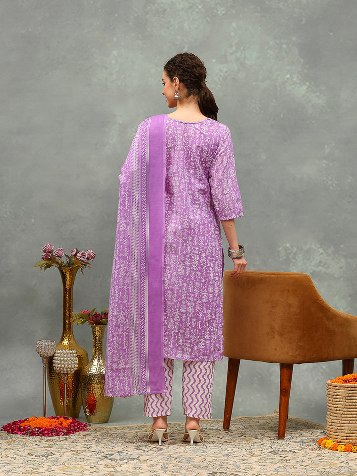Printed Cotton Blend Kurta With Pants &amp; Dupatta