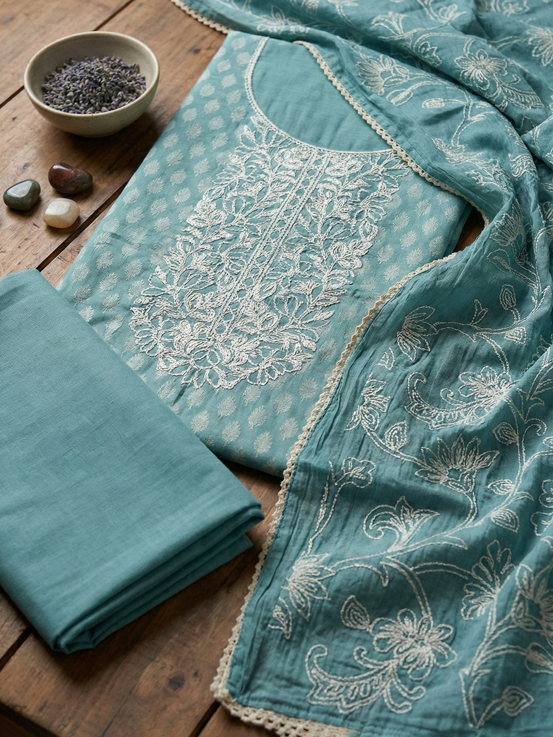 Printed Cotton Blend Unstitched Suit With Pant &amp; Dupatta