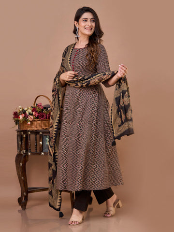 Printed Cotton Anarkali Kurta With Pants & Dupatta