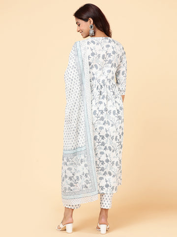 Floral Printed Plated Cotton Kurta With Pants & Dupatta