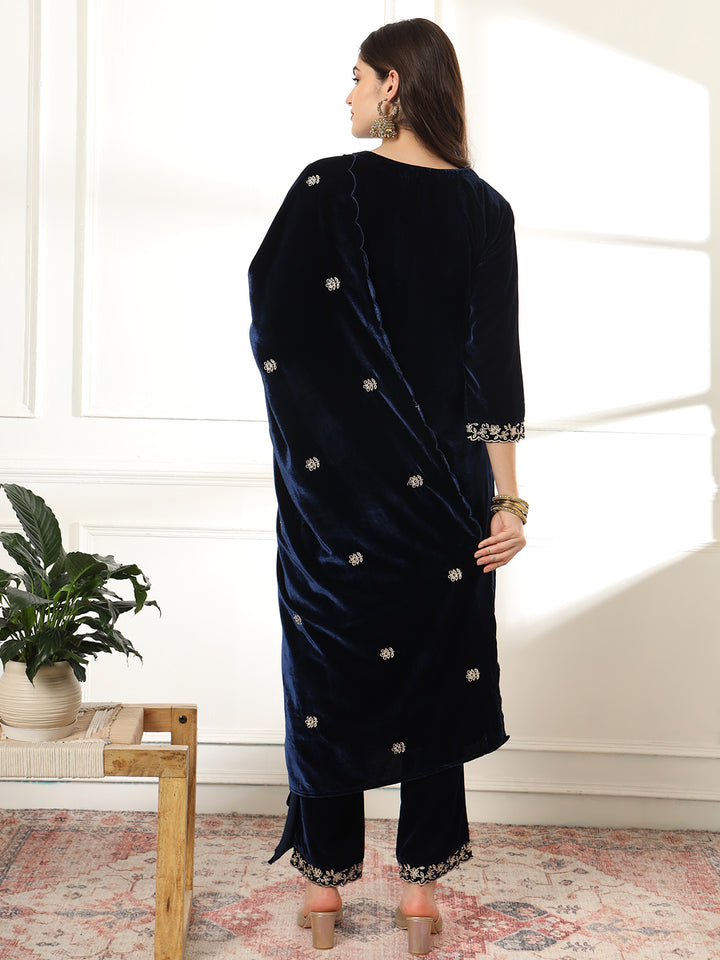 Navy Blue Embroidered Velvet Straight Suit Set With Dupatta