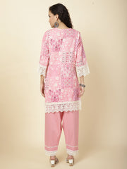 Printed & Panel Embroidery Cotton Kurta With Pants