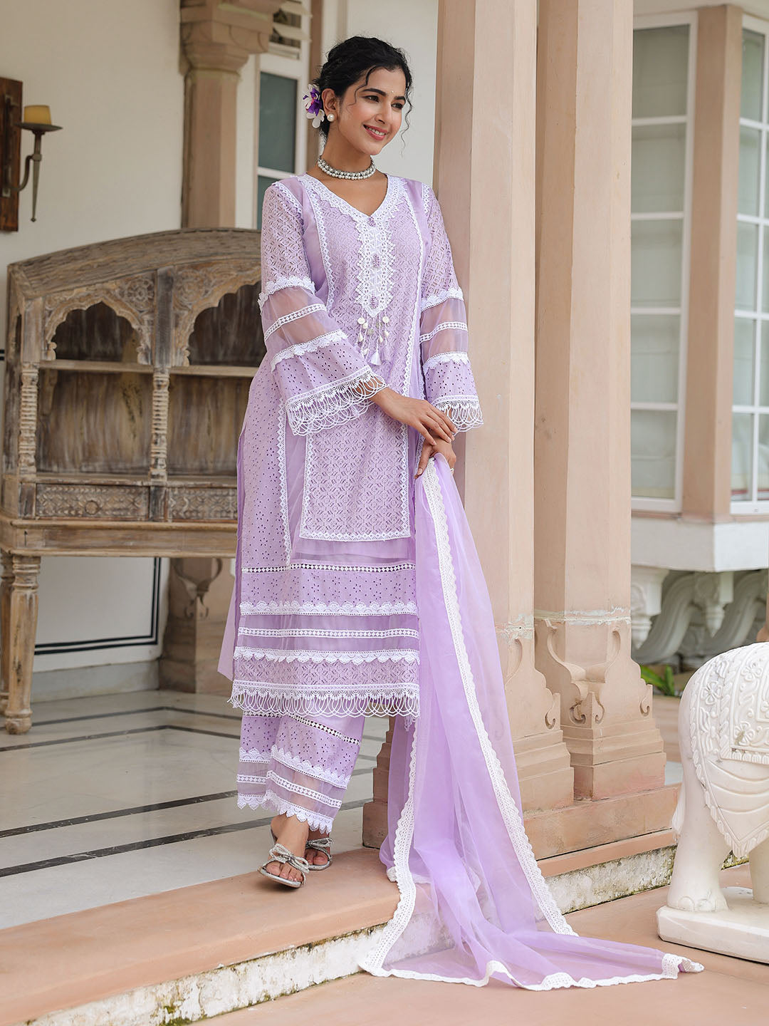 Lavender Embroidered Cotton Blend A-Line Suit Set With Dupatta