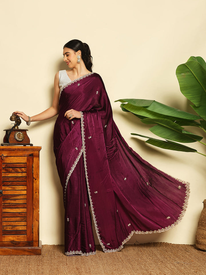 Thread Embroidered Chinnon Saree