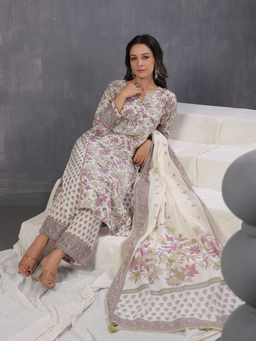 Floral Print Cotton Kurta With Pants & Dupatta