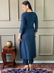 Neck Embroidered Cotton Blend Kurta With Pants & Dupatta