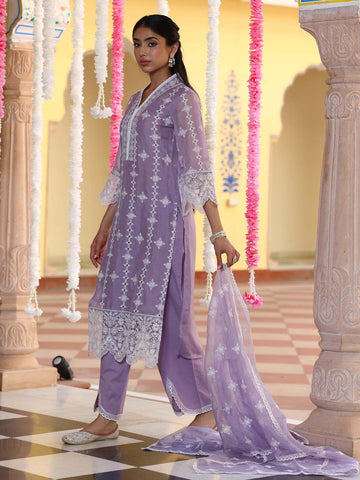 Embroidered Organza Kurta With Pants & Dupatta