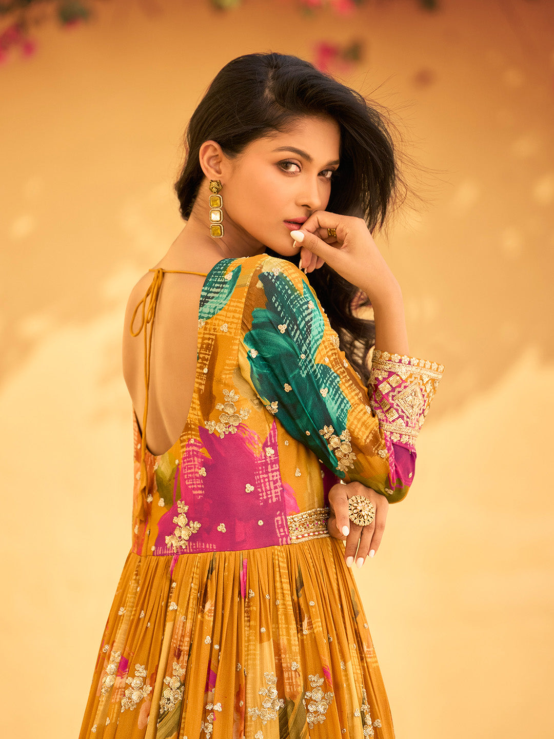 Printed &amp; Embroidered Chinon Gown With Dupatta