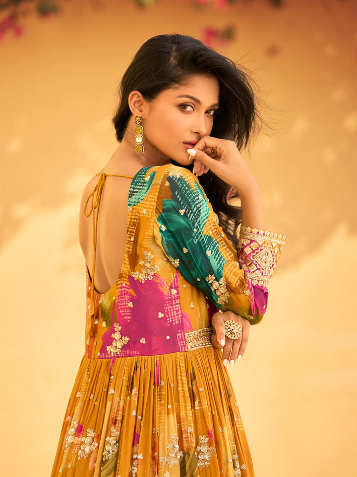 Printed &amp; Embroidered Chinon Gown With Dupatta