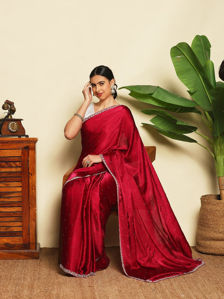 Stone &amp; Mirror Embellished Chinon Saree