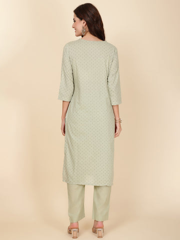 Printed & Neck Embroidered Cotton Kurta Set