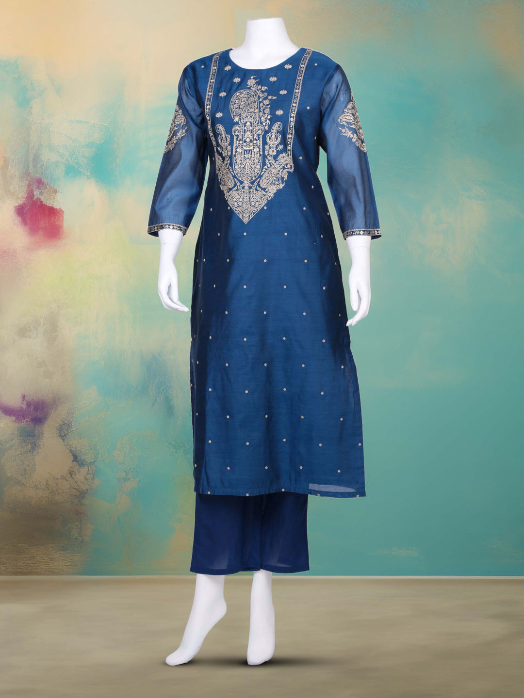 Embroidered Chanderi Kurta With Pant &amp; Dupatta