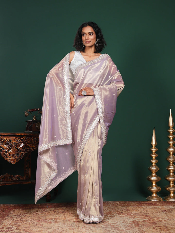 Stone &amp; Sequin Embroidered Tissue Saree