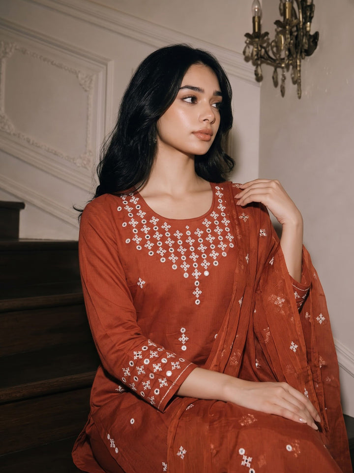 Rust Printed Cotton Blend Kurta With Pant &amp; Dupatta