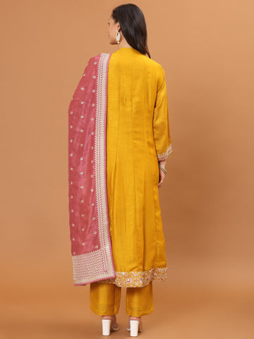 Resham & Zari Embroidery Dupion Kurta With Pants & Dupatta