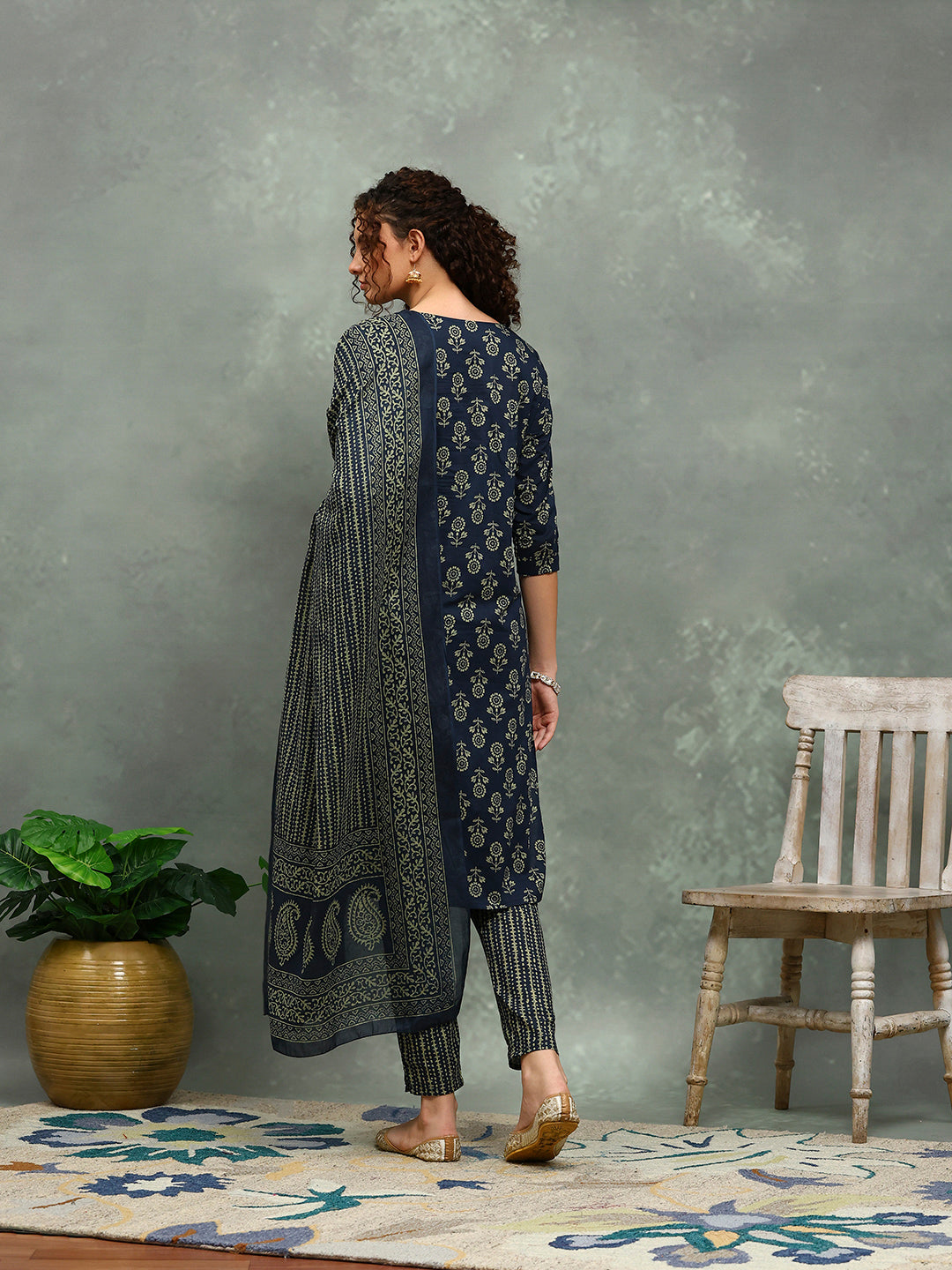 Printed Cotton Blend Kurta With Pants &amp; Dupatta