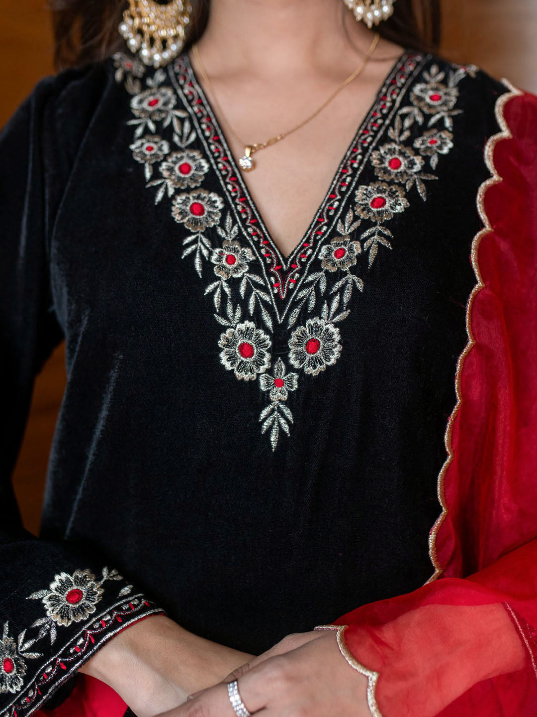 Embroidered Velvet Kurta With Pants &amp; Dupatta