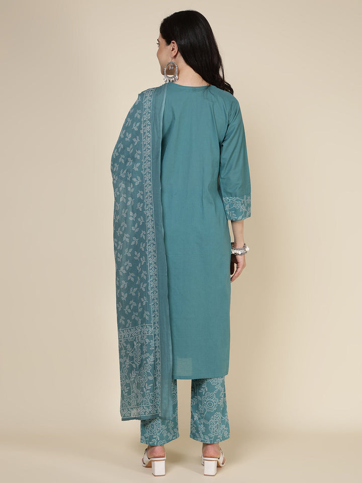 Embroidered Cotton Blend Kurta With Pants &amp; Dupatta