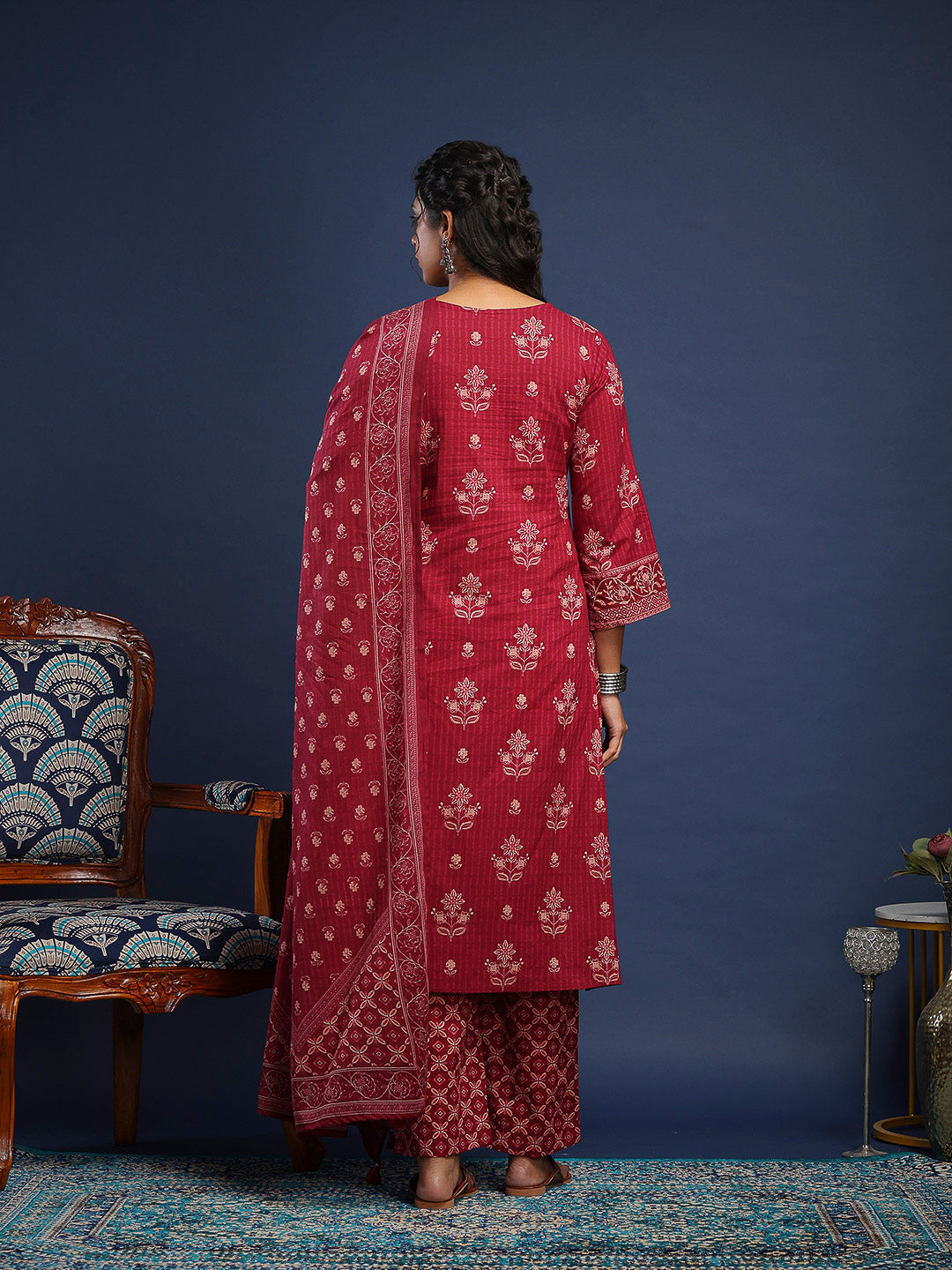 Wine Cotton Blend Printed A Line Suit Set