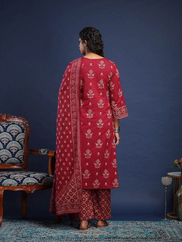 Wine Cotton Blend Printed A Line Suit Set