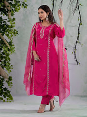 Neck Embroidery Cotton Blend Kurta With Pants & Dupatta