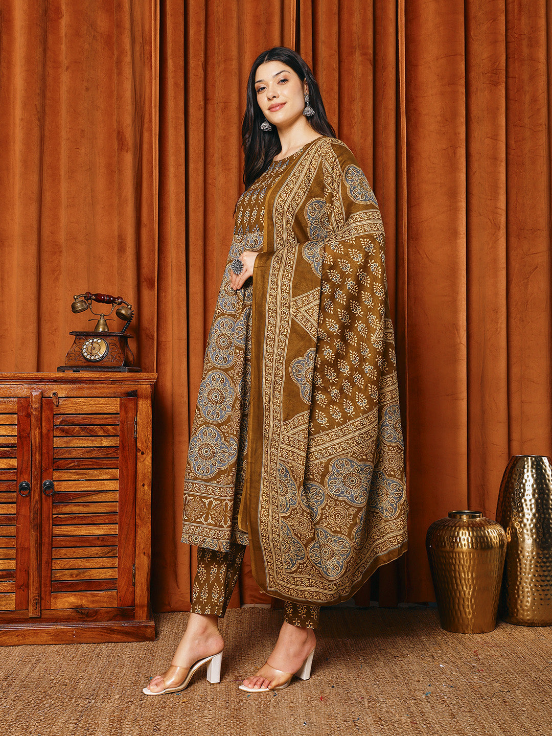 Printed Cotton Blend Kurta With Pants & Dupatta