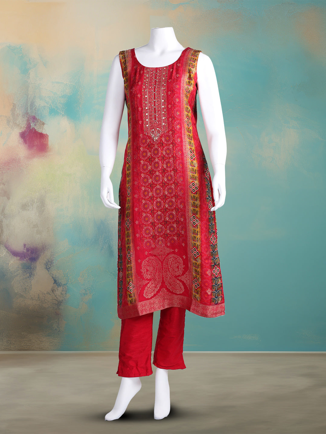Embroidered Art Silk Kurta With Pant &amp; Dupatta
