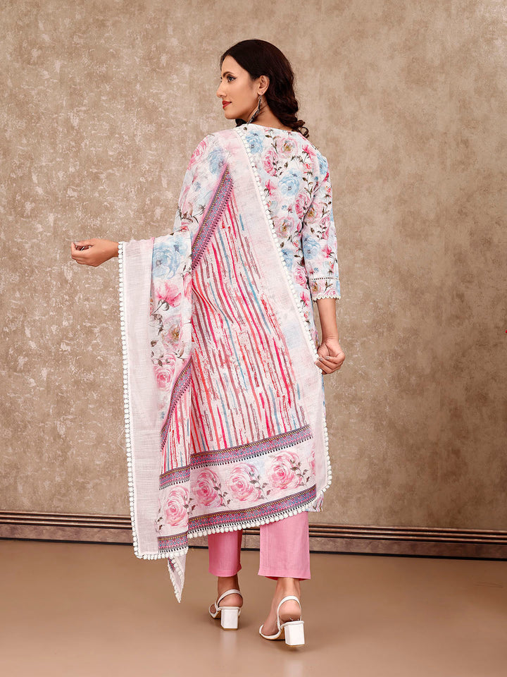 Neck Embroidery Cotton Blend Kurta With Pants &amp; Dupatta