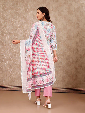 Neck Embroidery Cotton Blend Kurta With Pants & Dupatta