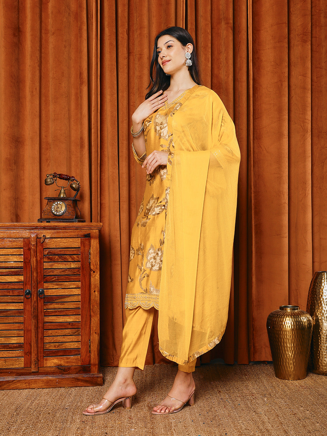 Resham Work Cotton Blend Kurta With Pants & Dupatta