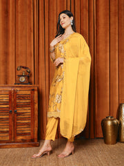 Resham Work Cotton Blend Kurta With Pants & Dupatta