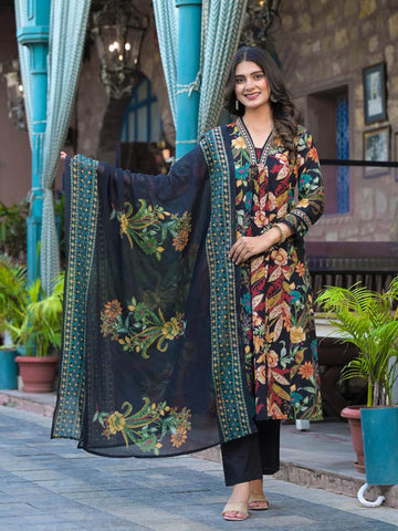 Digital Printed Cotton Blend Kurta With Pants & Dupatta