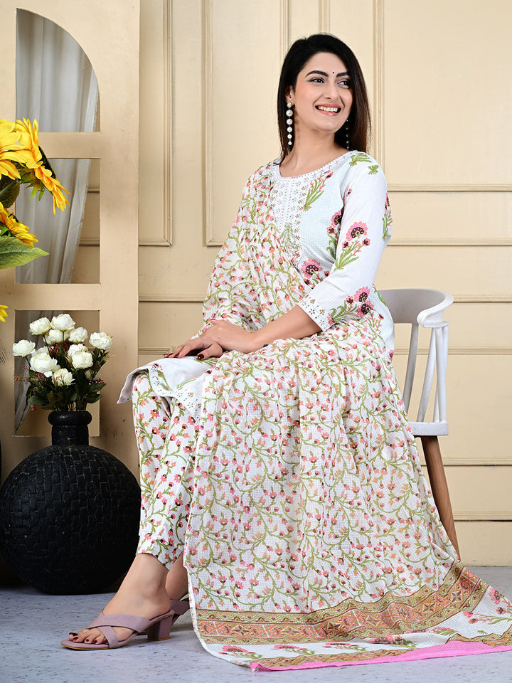 Printed Cotton Blend Kurta With Pants &amp; Dupatta
