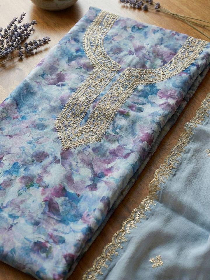 Printed Cotton Blend Unstitched Suit With Pant &amp; Dupatta
