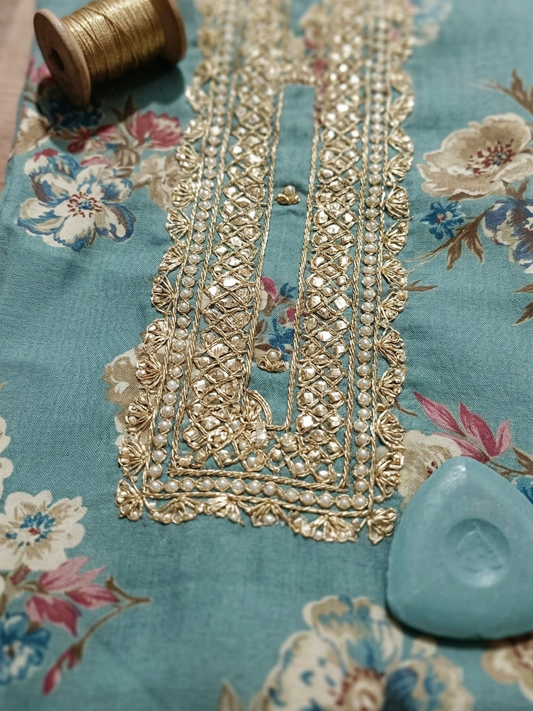 Embroidered Cotton Blend Unstitched Suit With Pant &amp; Dupatta