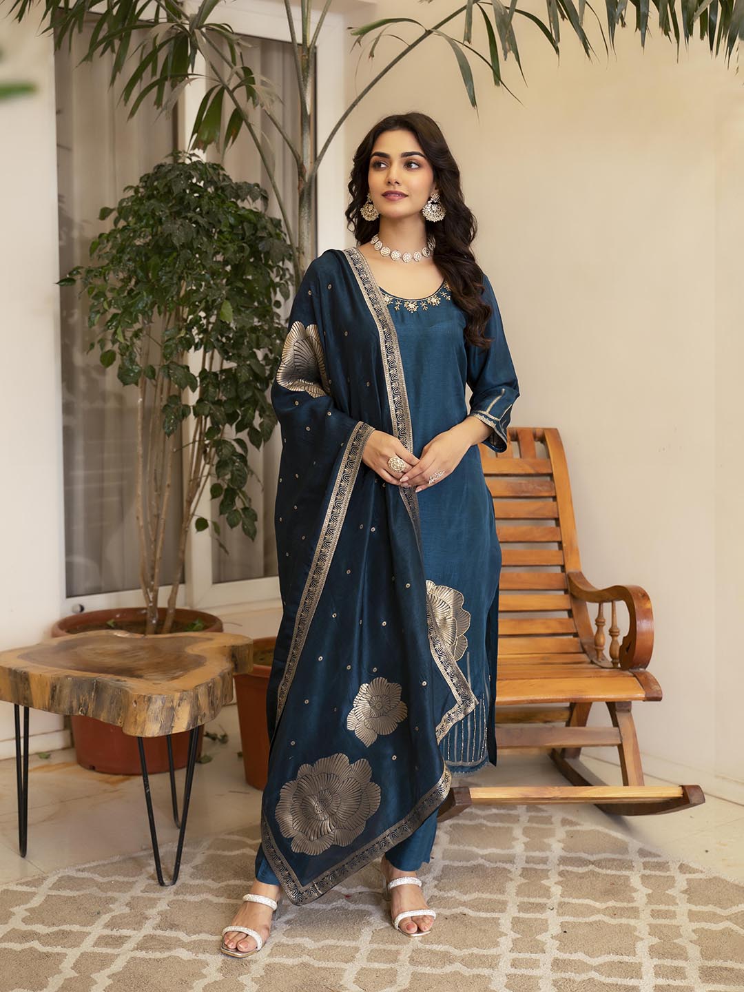 Woven Design Silk Kurta With Pant &amp; Dupatta