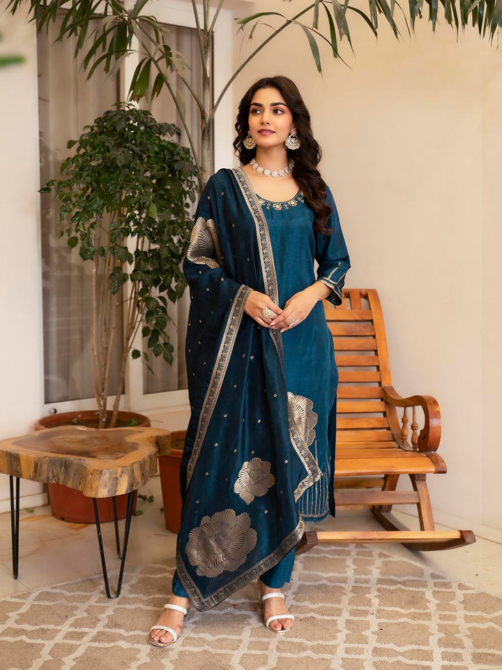 Woven Design Silk Kurta With Pant &amp; Dupatta
