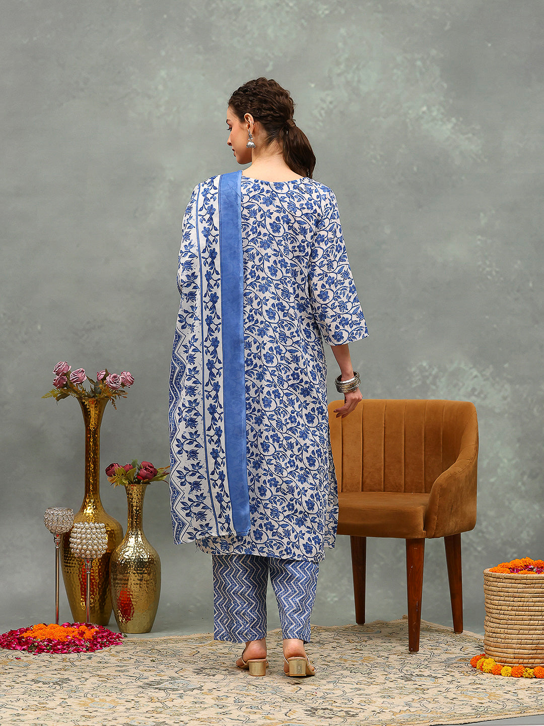 Printed Cotton Blend Kurta With Pants & Dupatta