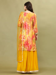 Floral Printed Art Silk Kurta With Sharara And Dupatta