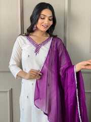 Resham Embroidered Cotton Blend Kurta With Pant & Dupatta