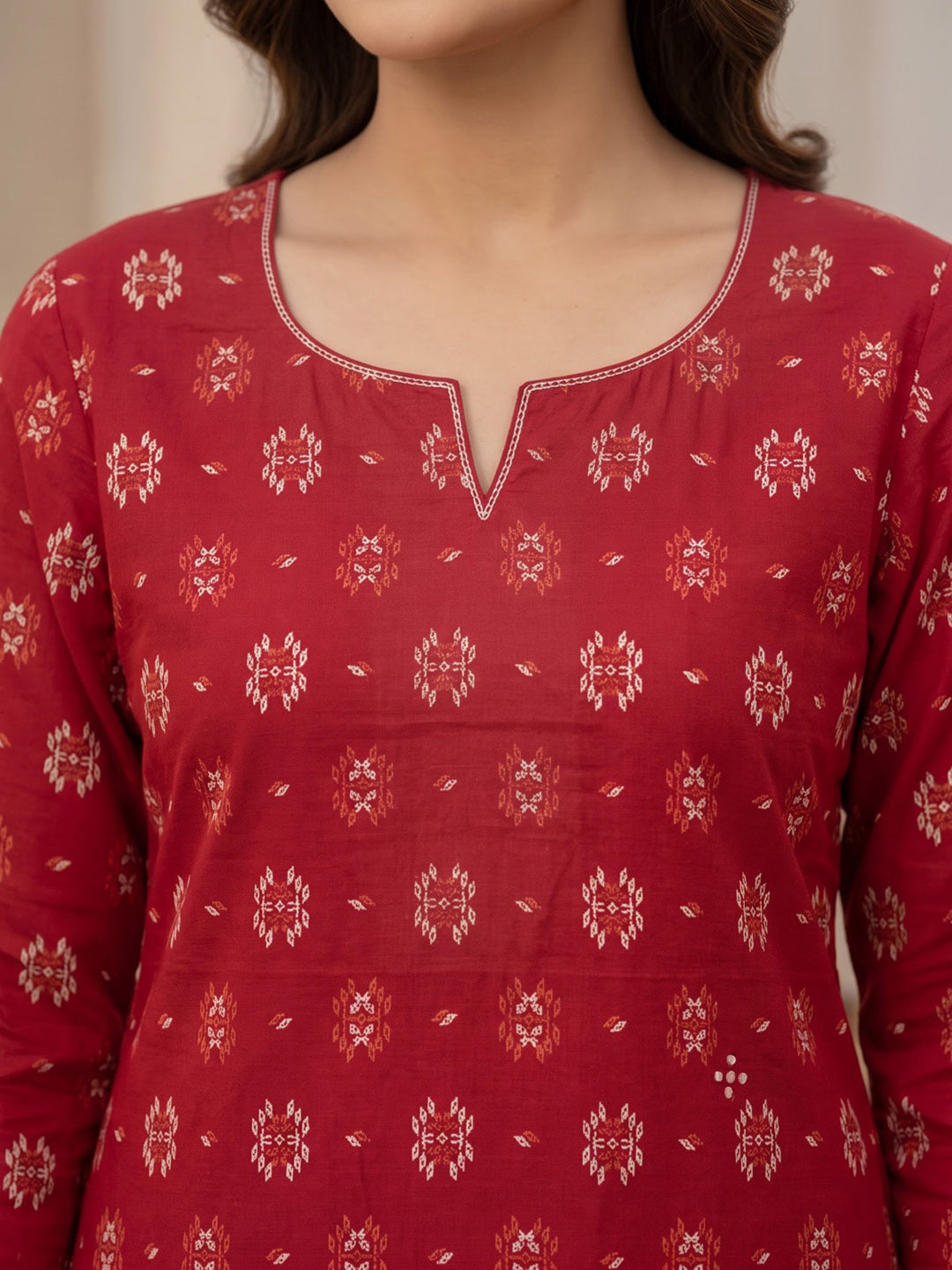 Red Printed Cotton Blend Kurta With Pant &amp; Dupatta