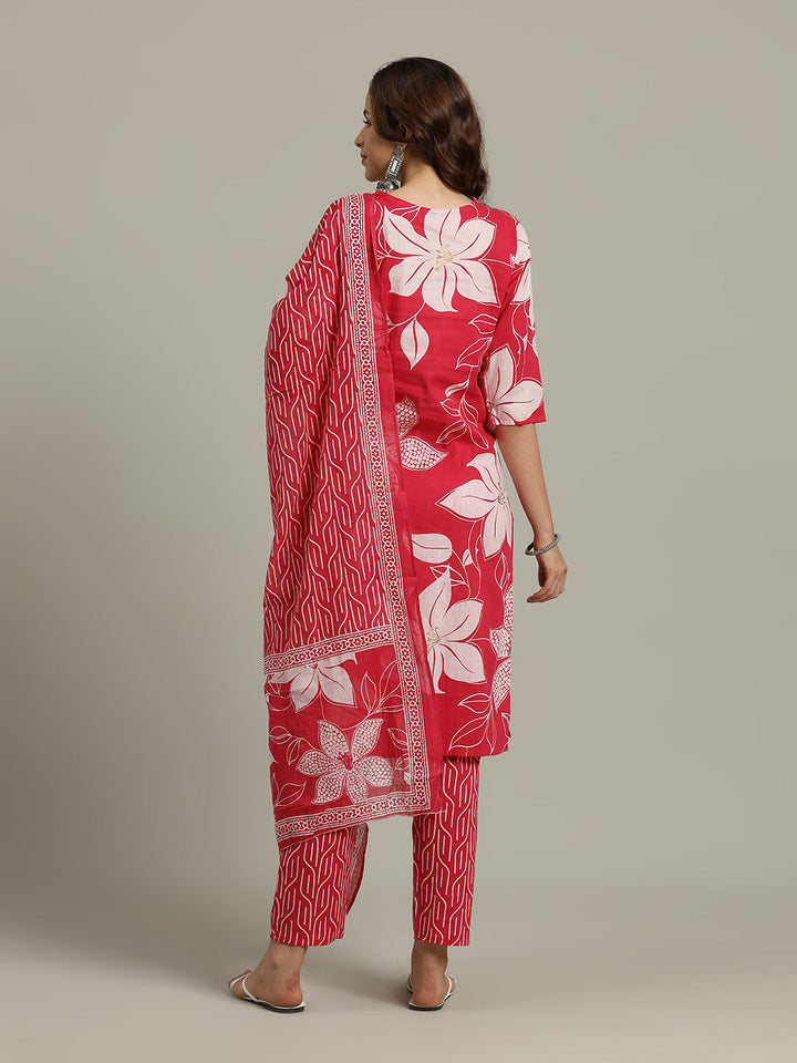 Floral Printed Cotton Blend Kurta With Pants &amp; Dupatta