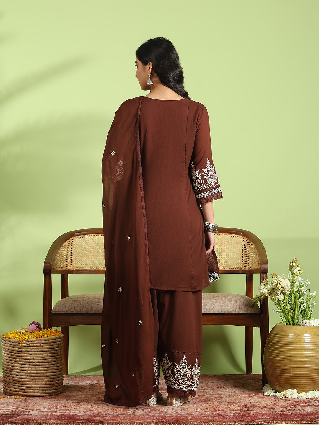 Embroidered Cotton Kurta With Pant &amp; Dupatta