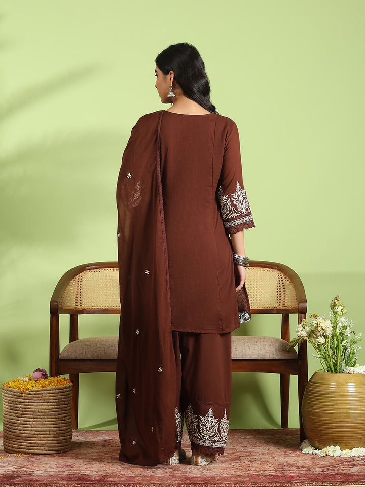 Embroidered Cotton Kurta With Pant &amp; Dupatta