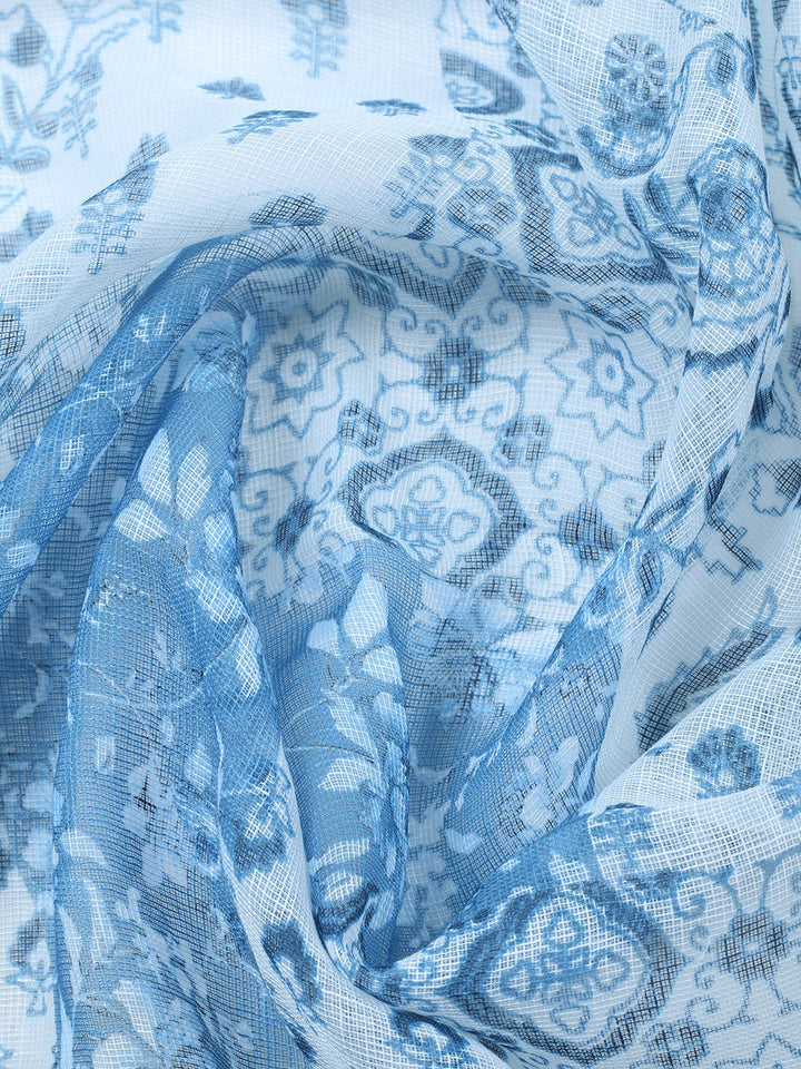 Printed Linen Blend Unstitched Suit With Pant &amp; Dupatta